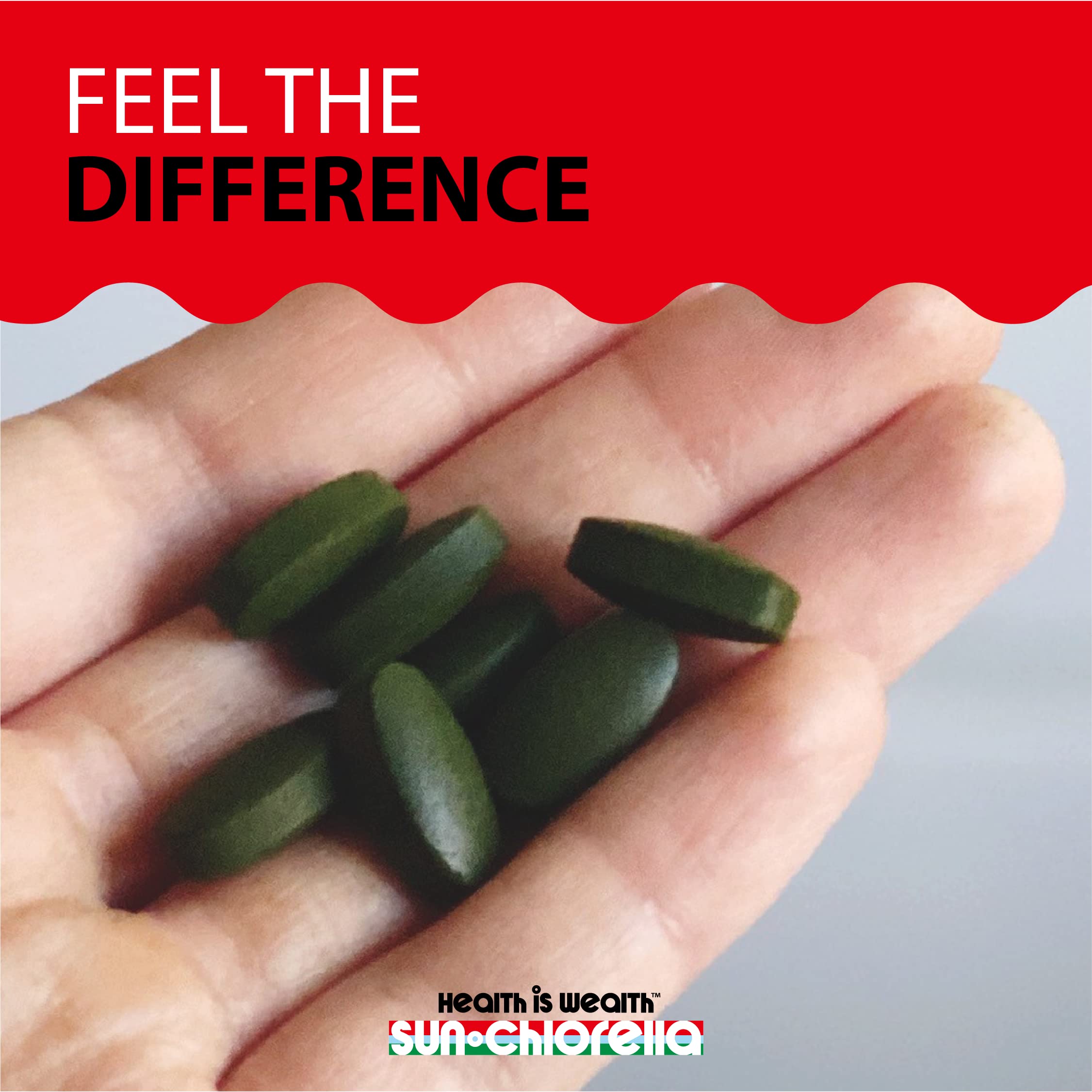 Sun Chlorella tablets-in-hand illustrating convenient daily greens intake