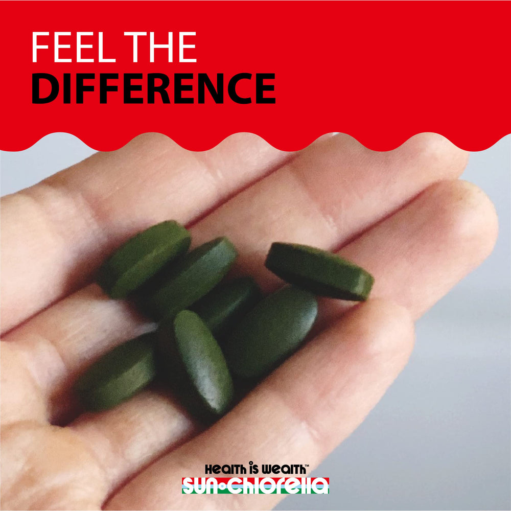 Sun Chlorella tablets-in-hand illustrating convenient daily greens intake