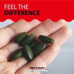 Sun Chlorella tablets-in-hand illustrating convenient daily greens intake