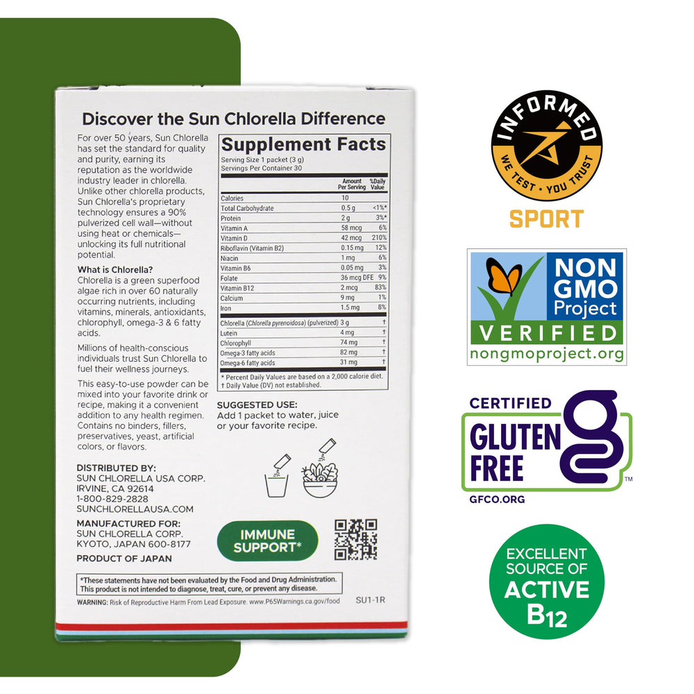 Sun Chlorella vegan non GMO gluten free stamp on packaging