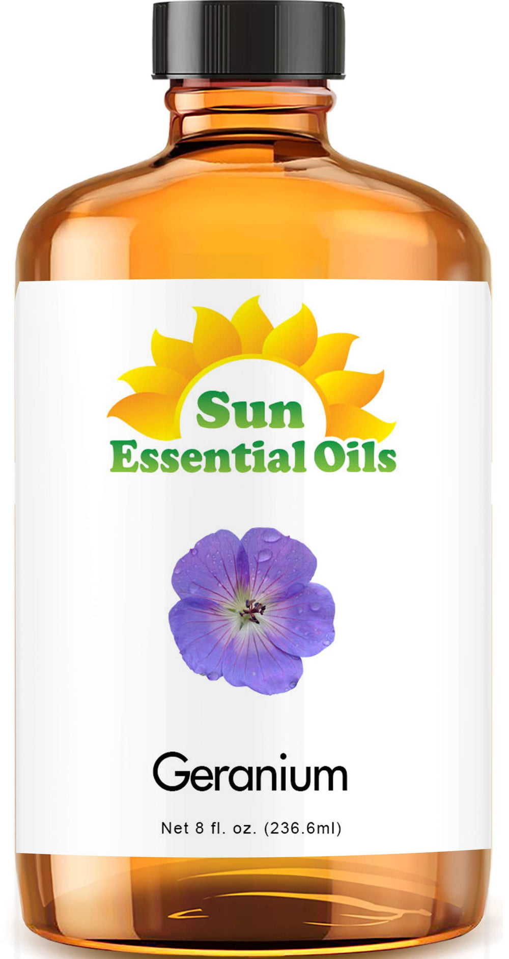 Sun Essential Oils geranium oil 8oz bottle ideal for diffusers and DIY blends.