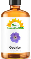 Sun Essential Oils geranium oil 8oz bottle ideal for diffusers and DIY blends.
