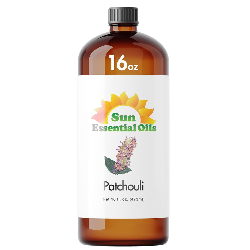 Sun Essential Oils Patchouli oil 16oz bottle for versatile aromatherapy and DIY blends.