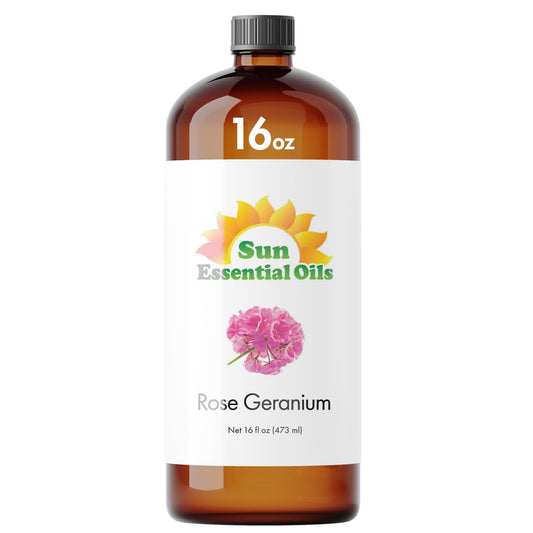 Sun Essential Oils Rose Geranium bottle ready for diffuser aromatherapy and calm spaces.