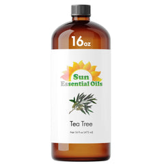 Sun Essential Oils Tea Tree Oil bottle in amber glass for skin care use.
