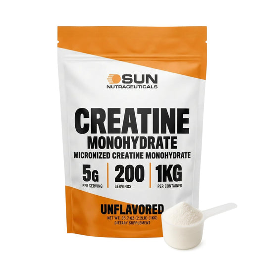 Sun Nutraceuticals creatine bottle front with pure micronized formula for smooth mixing