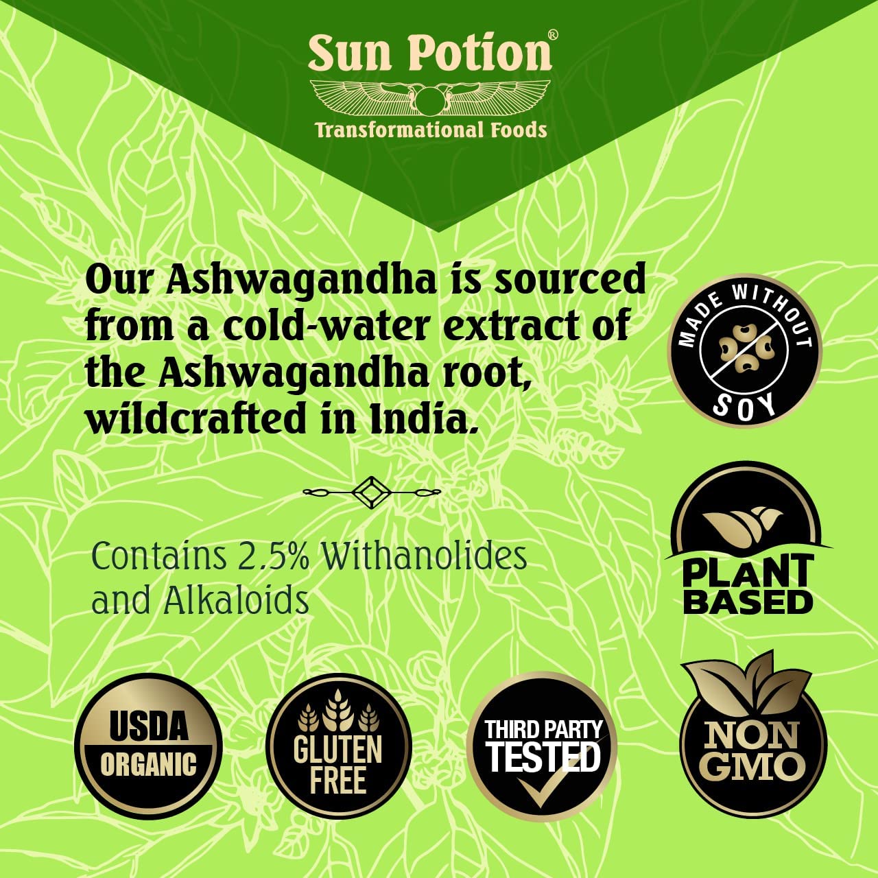 Sun Potion Ashwagandha bottle label highlights wildcrafted origin and Ayurvedic heritage.