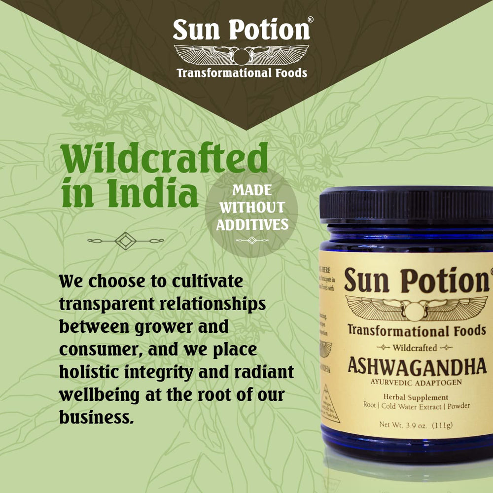 Sun Potion Ashwagandha dissolving in hot water suggests a comforting tea ritual.