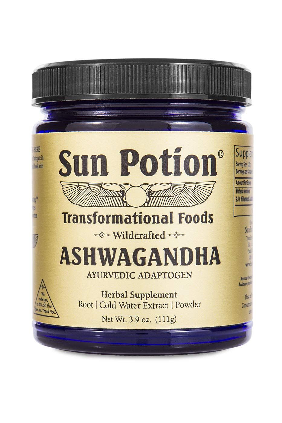 Sun Potion Ashwagandha wildcrafted bottle shows traditional Ayurvedic herb for daily balance.