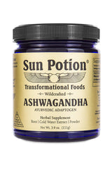 Sun Potion Ashwagandha wildcrafted bottle shows traditional Ayurvedic herb for daily balance.