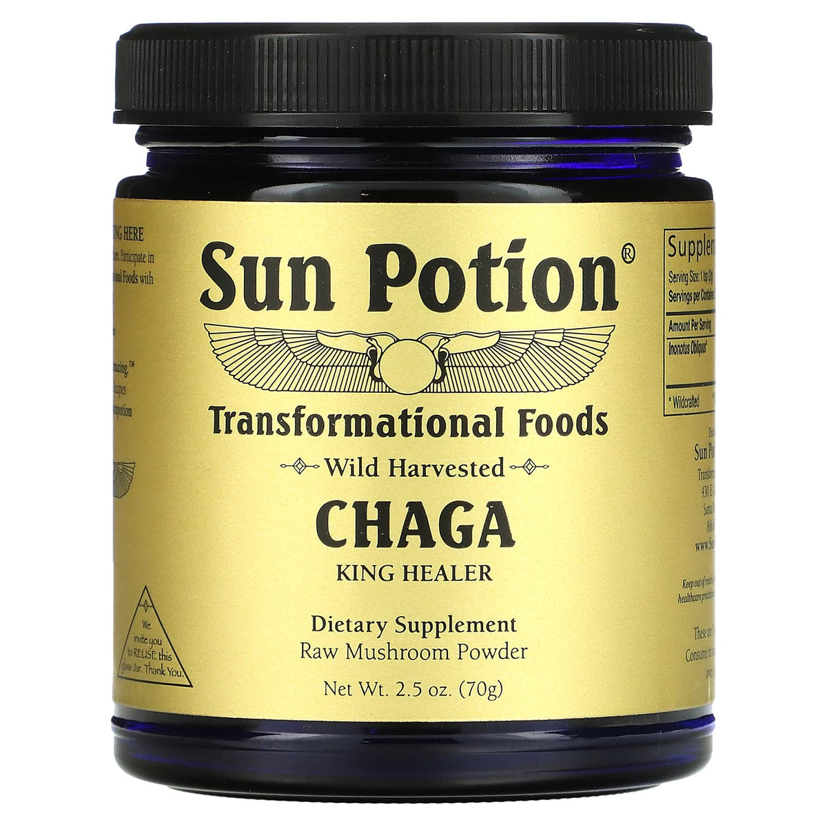 Sun Potion Chaga Powder jar close-up, perfect for smoothies and hot beverages.