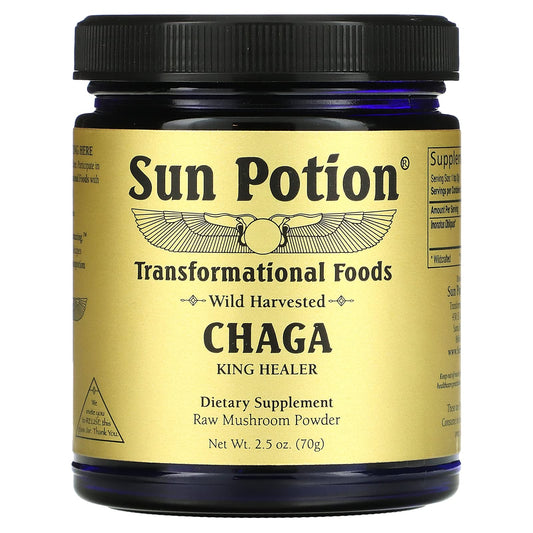 Sun Potion Chaga Powder jar close-up, perfect for smoothies and hot beverages.