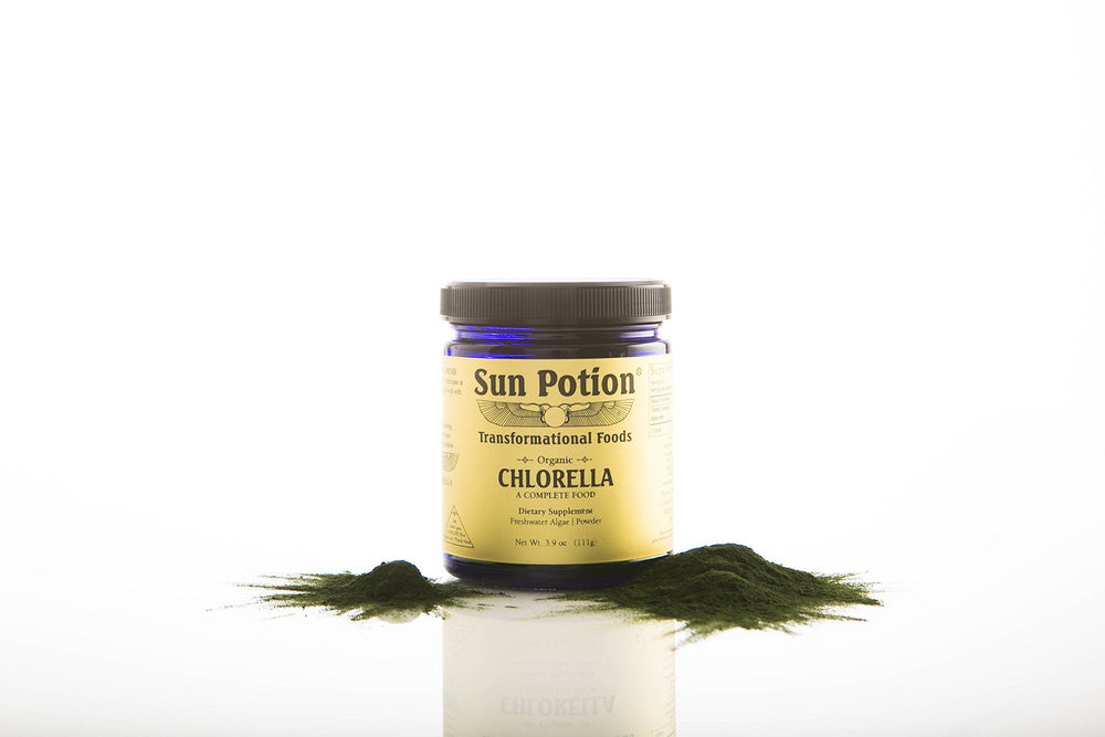 Sun Potion chlorella powder bottle top view, eco-friendly packaging