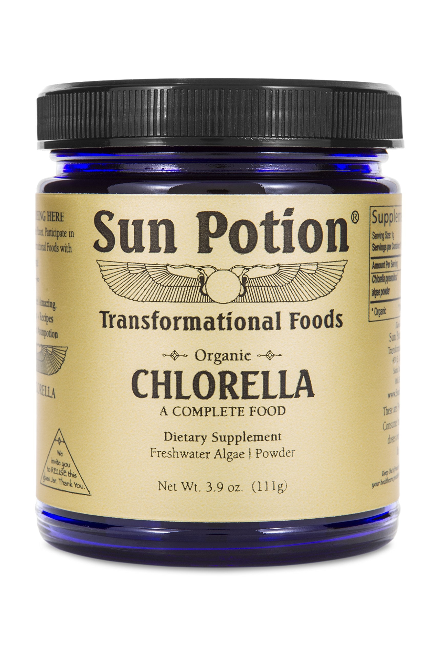 Sun Potion chlorella powder jar, premium organic greens source for daily nutrition