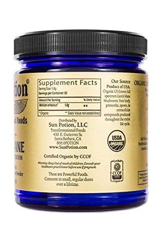 Sun Potion Lion's Mane label closeup highlighting organic quality