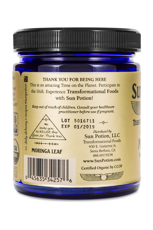 Sun Potion Moringa Leaf Powder jar back with label for daily greens
