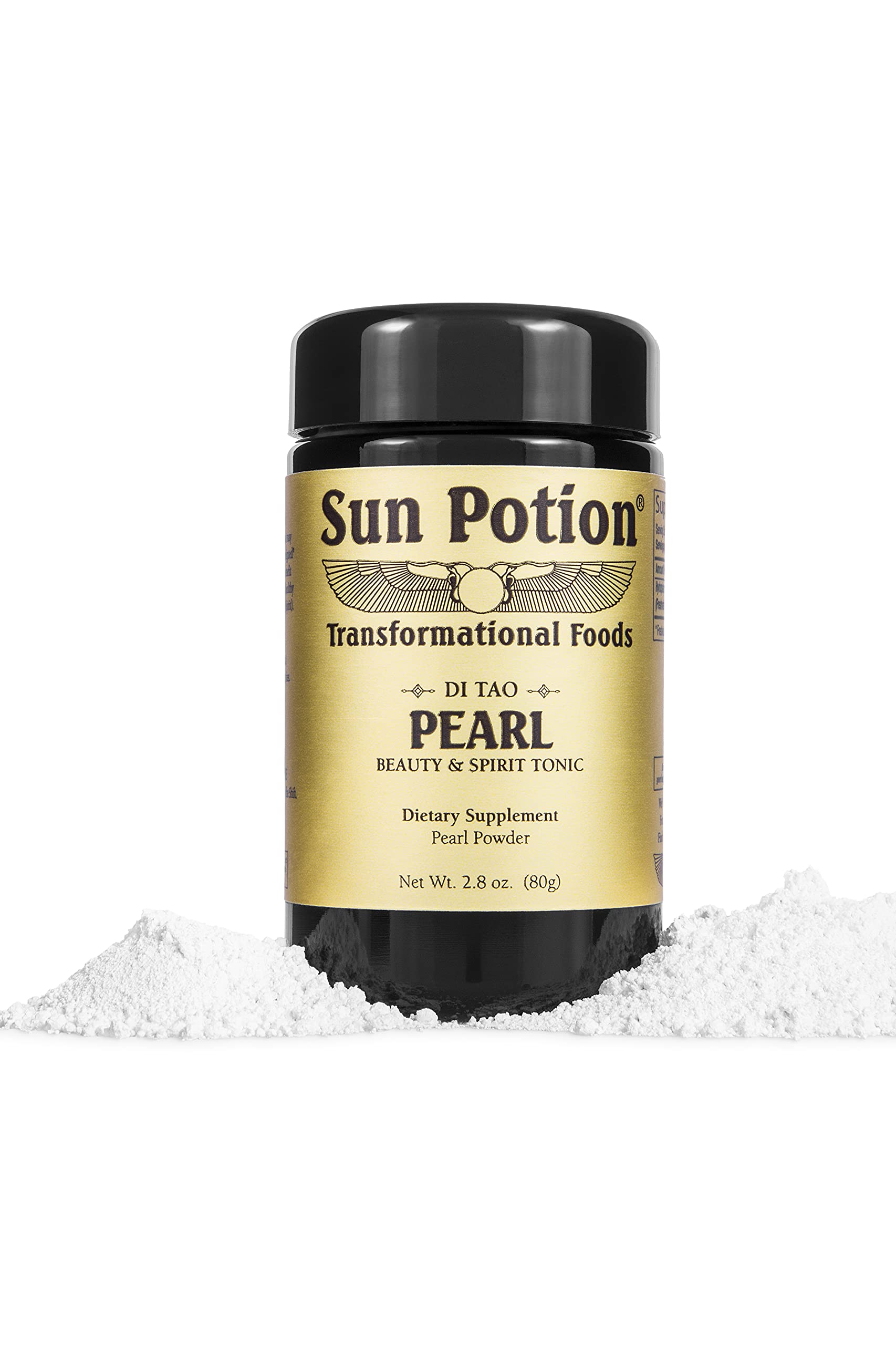 Sun Potion Pearl Powder bottle front showcases premium freshwater pearls for radiant skin prep