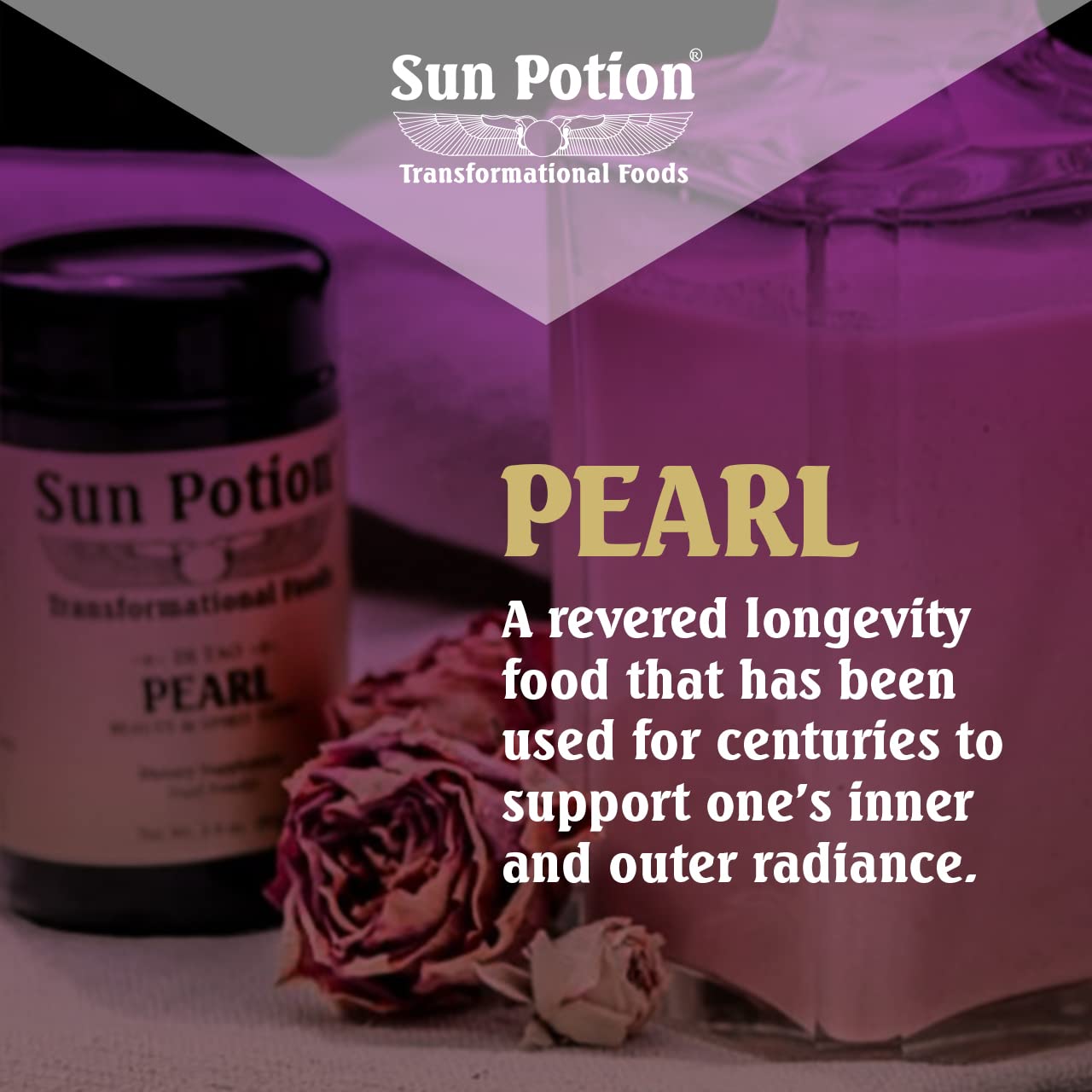 Sun Potion Pearl Powder packaging design emphasizing sustainable sourcing