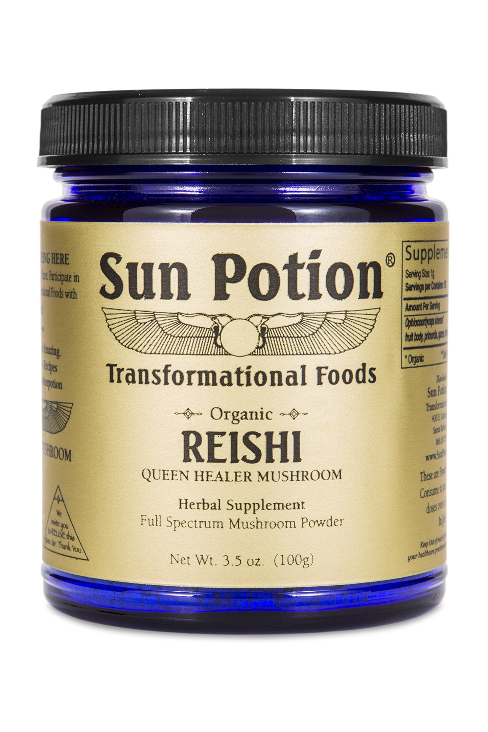 Sun Potion Reishi powder bottle pour for easy daily use and calm rituals.