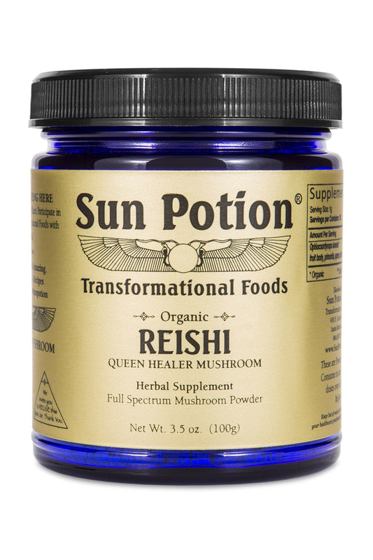 Sun Potion Reishi powder bottle pour for easy daily use and calm rituals.