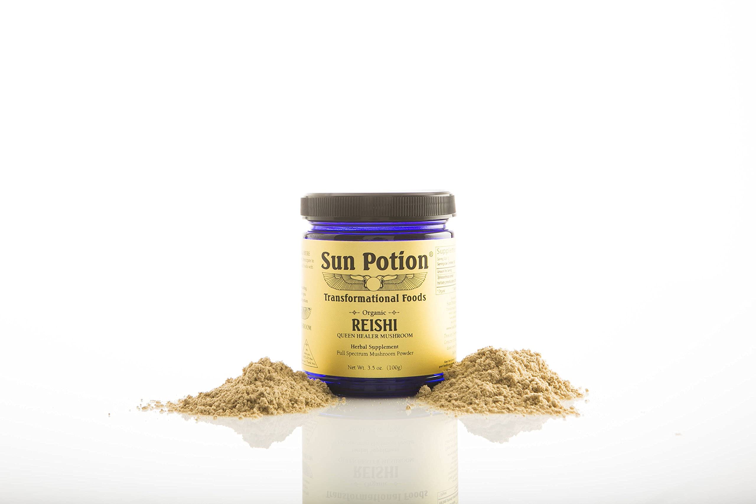 Sun Potion reishi powder dispensing scoop ready for daily dosing.