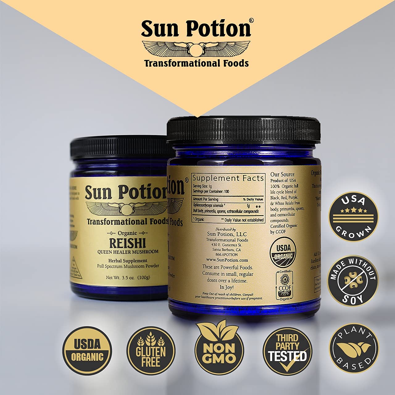Sun Potion reishi ingredients label highlights organic Ganoderma lucidum benefits for daily balance.