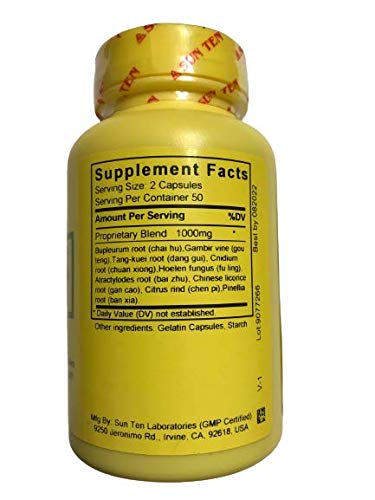 Sun Ten bottle with label close-up suggests phlegm relief and muscle relaxation possibilities.
