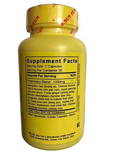 Sun Ten capsules closeup reveals a herbal blend in a soft shell.