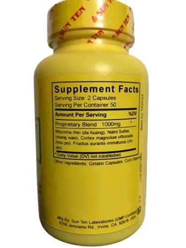 Sun Ten Da Cheng Qi Tang capsules label close-up highlights heritage formula.