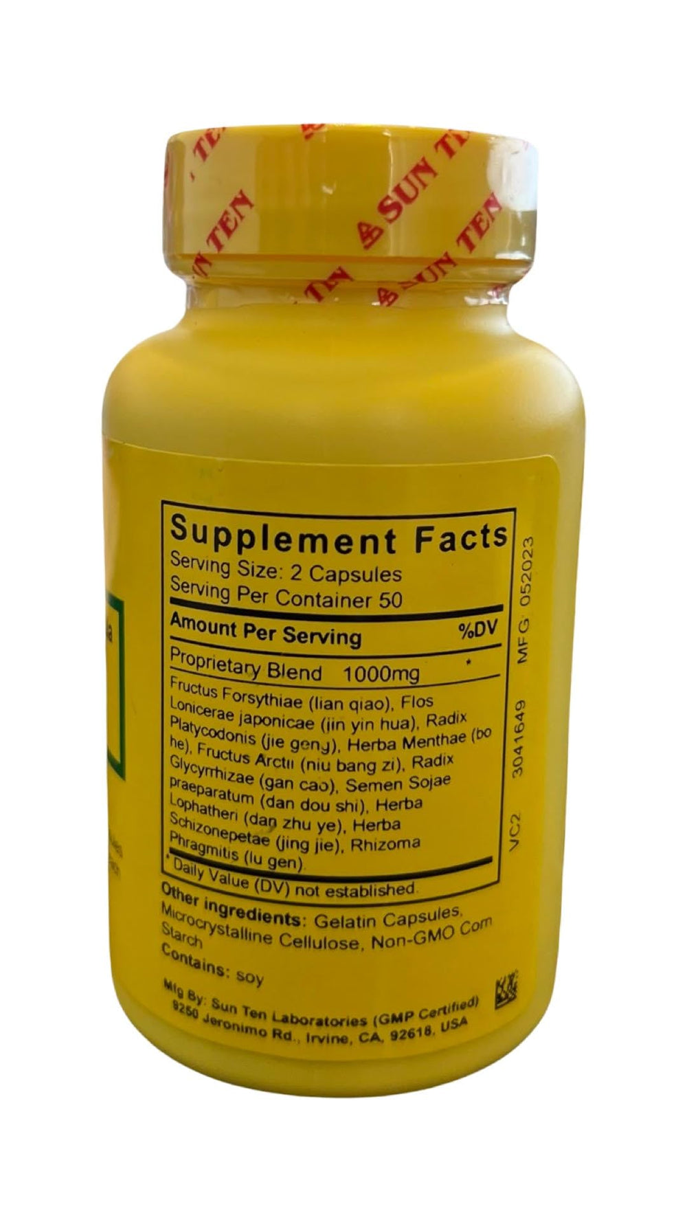 Sun Ten Lonicera Forsythia Formula capsules packaging highlights traditional Yin Qiao San ingredients.