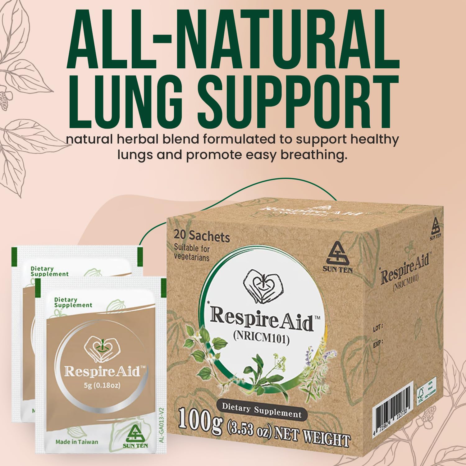 Sun Ten RespireAid sachet packaging shows convenient on-the-go lung support.