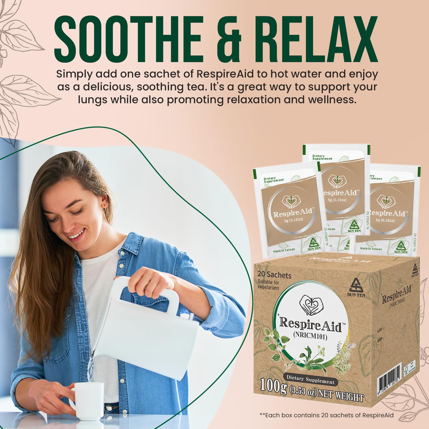 Sun Ten RespireAid steaming cup conveys a relaxing ritual for breathing ease.