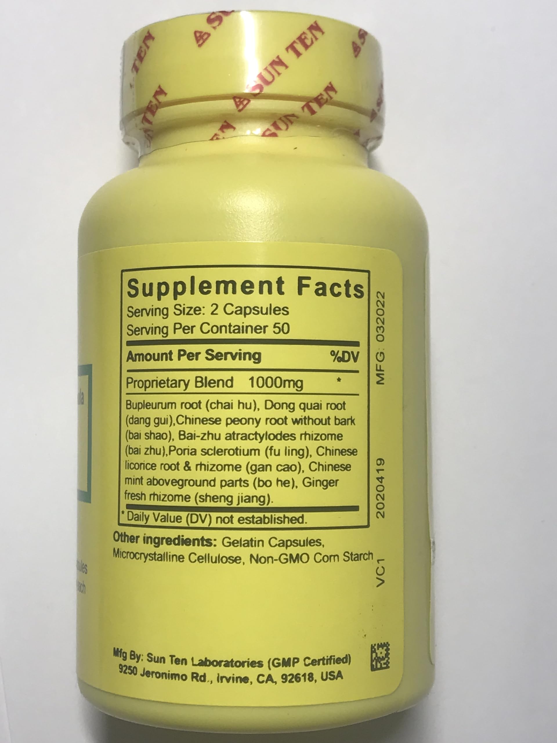 Sun Ten Tang-Kuei Bupleurum Formula capsules close-up shows 500 mg capsules for easy dosing