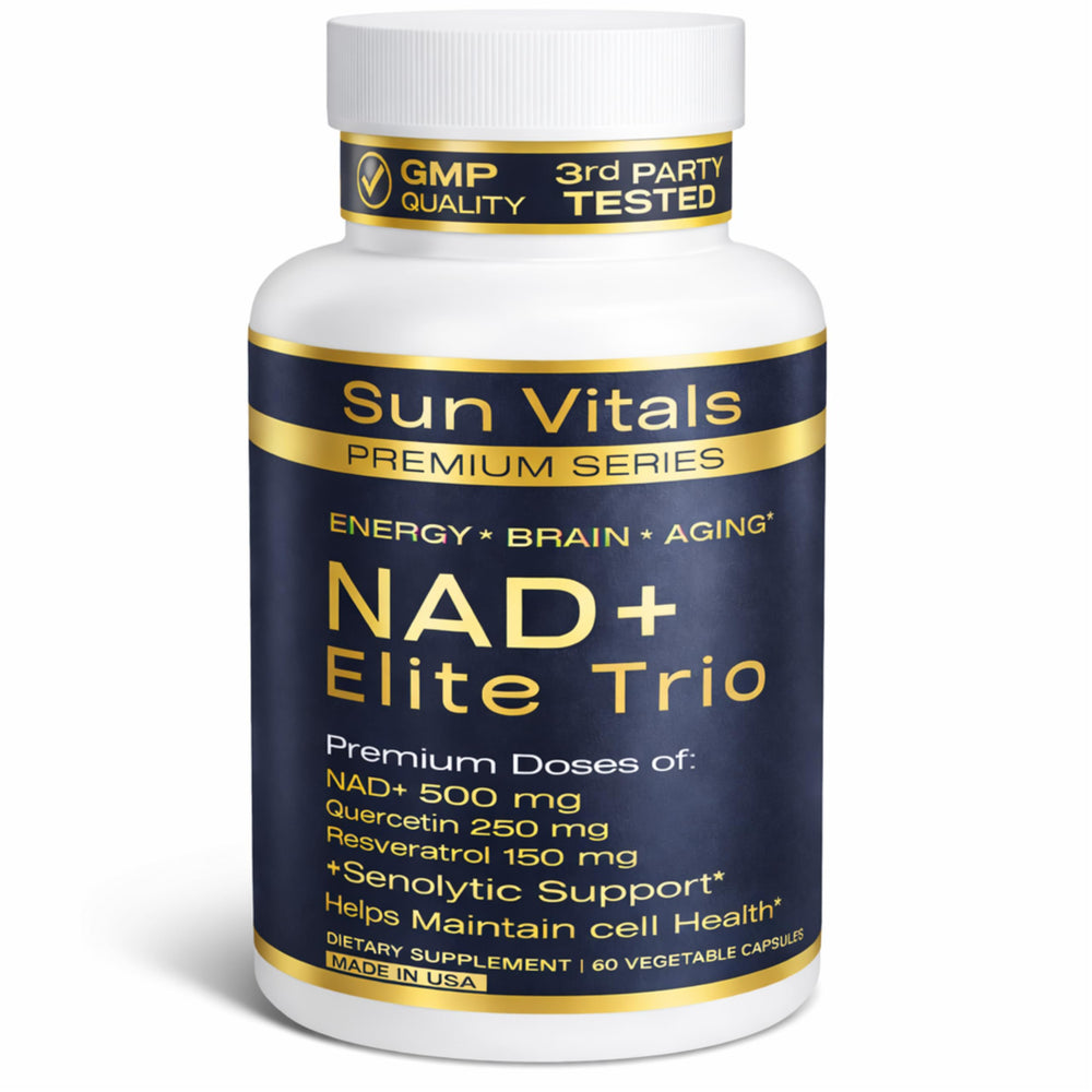 Sun Vitals NAD+ Plus 500mg bottle front showing premium packaging for vitality