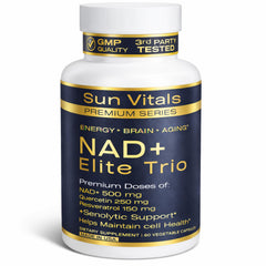 Sun Vitals NAD+ Plus 500mg bottle front showing premium packaging for vitality