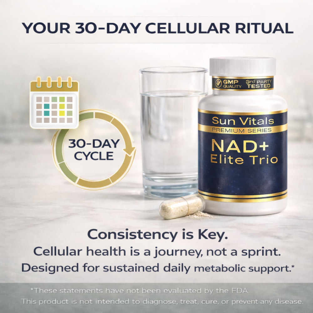 Sun Vitals NAD+ Plus bottle with glass of water for daily use