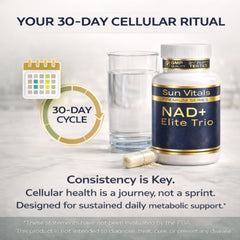 Sun Vitals NAD+ Plus bottle with glass of water for daily use