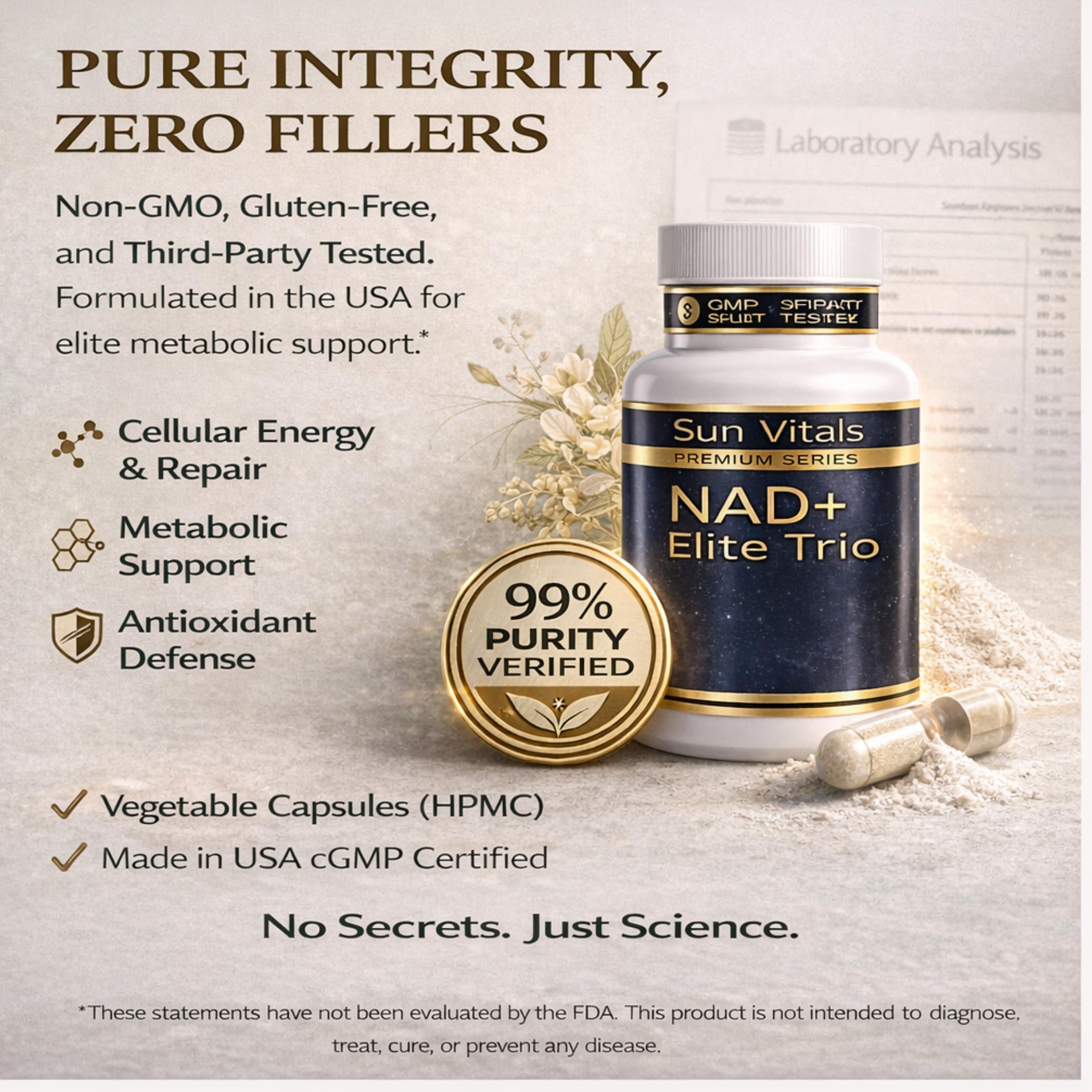 Sun Vitals NAD+ Plus third-party test seal confirms purity