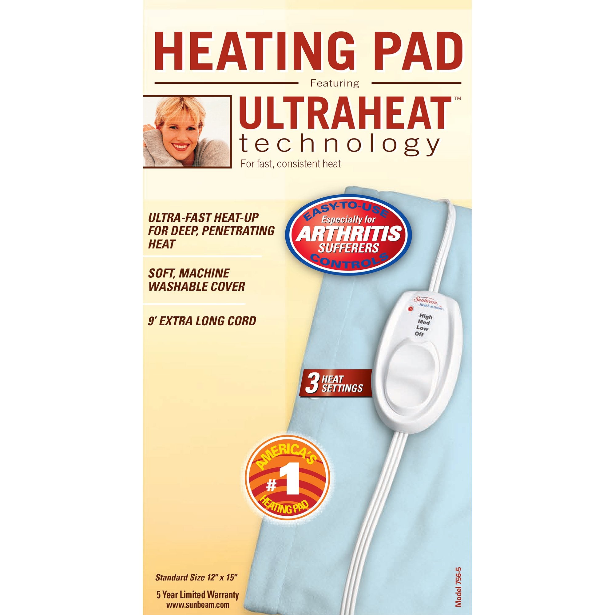 Sunbeam heating pad demonstrating 3 heat settings for customizable warmth.