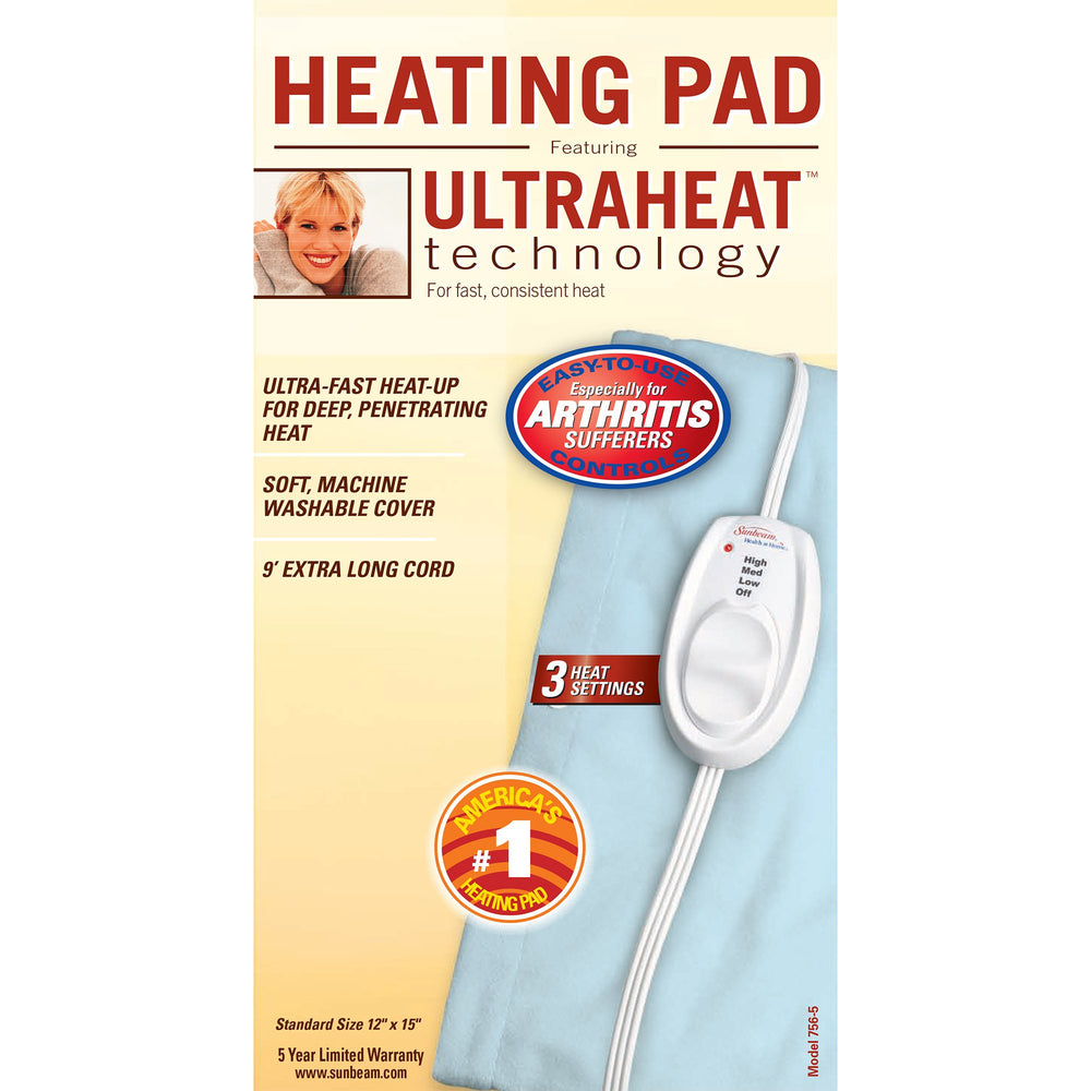 Sunbeam heating pad demonstrating 3 heat settings for customizable warmth.