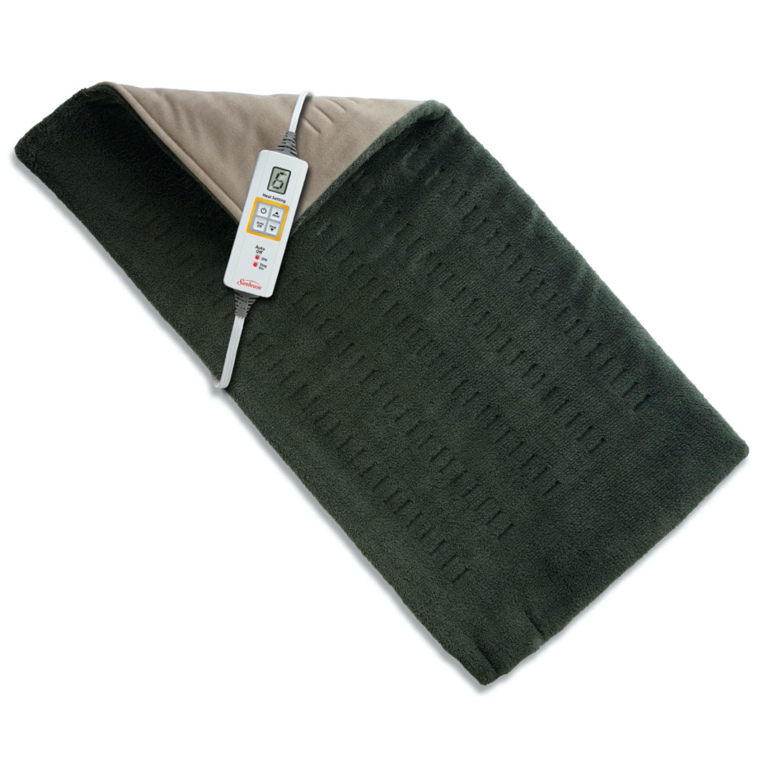 Sunbeam XL heating pad showing back, neck and shoulders with targeted relief