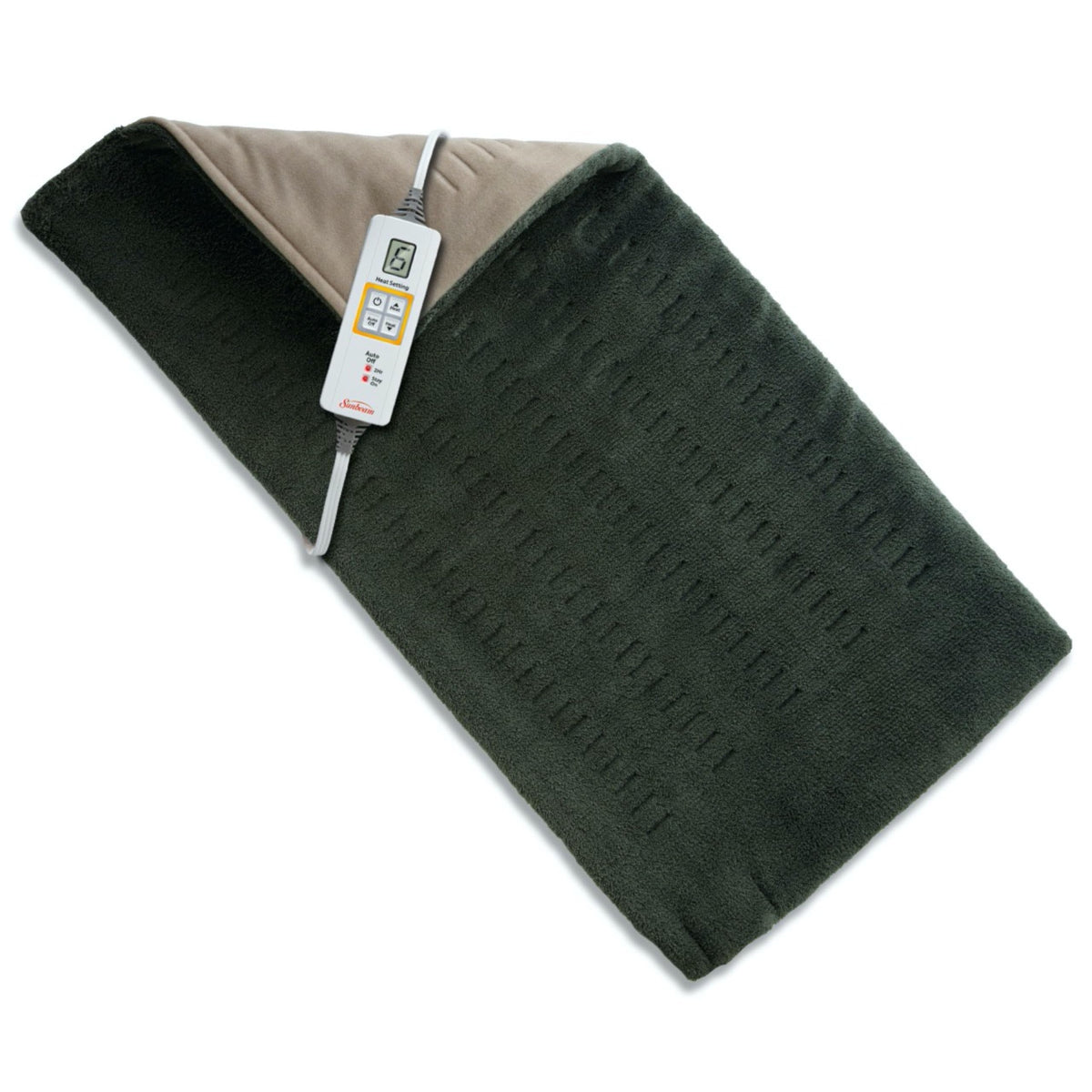 Sunbeam XL heating pad showing back, neck and shoulders with targeted relief