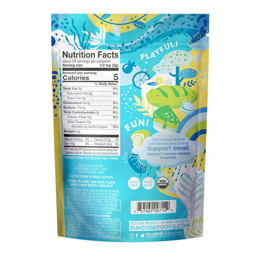 Suncore Foods Aqua Blue Spirulina powder scoop included for precise color additions in drinks