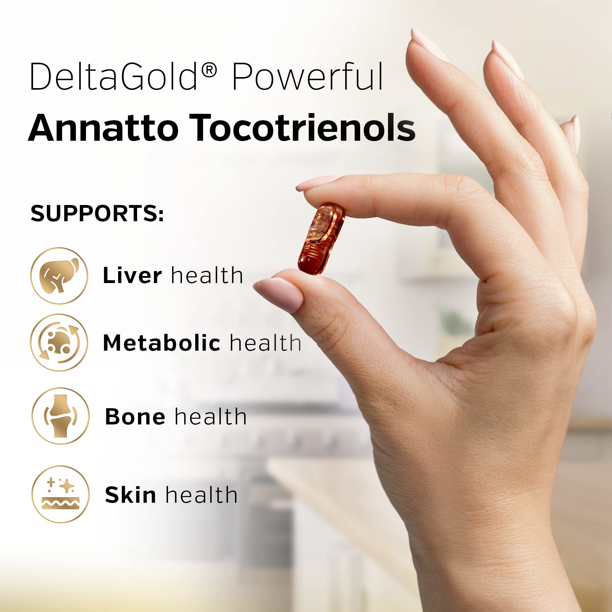 Sunergetic delta-gold tocotrienols label detail emphasizes DeltaGold quality