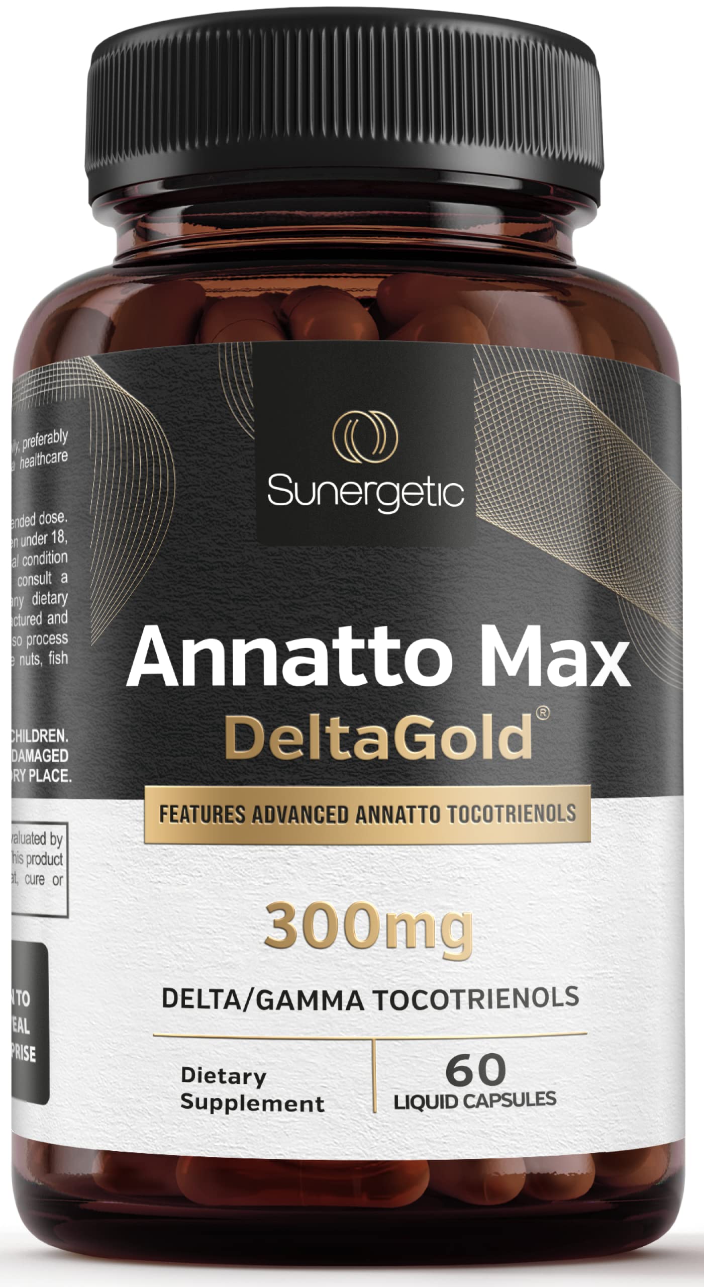 Sunergetic Premium Annatto Tocotrienols bottle with DeltaGold formulation for antioxidant support