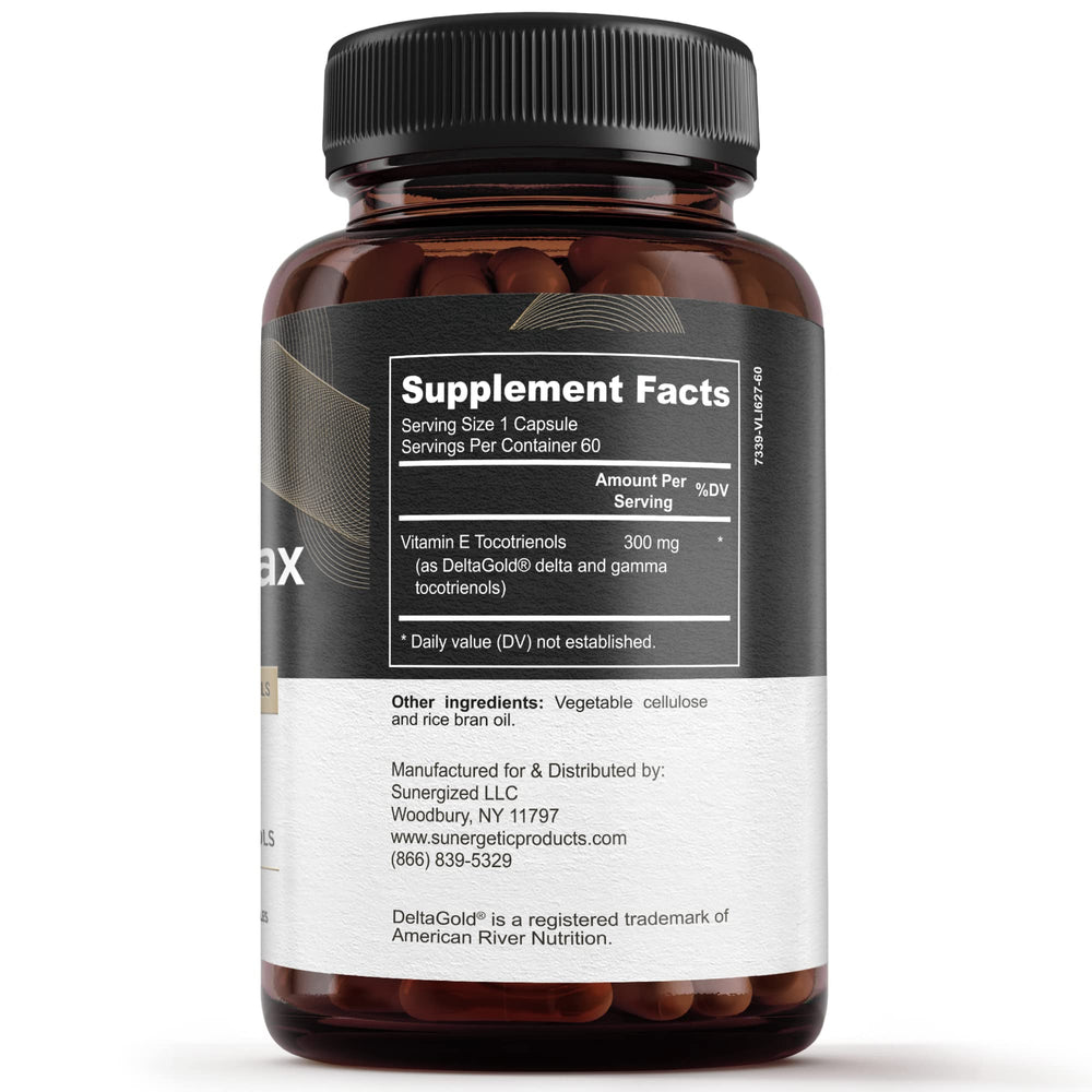 Sunergetic Tocotrienols capsules displaying 300 mg per serving