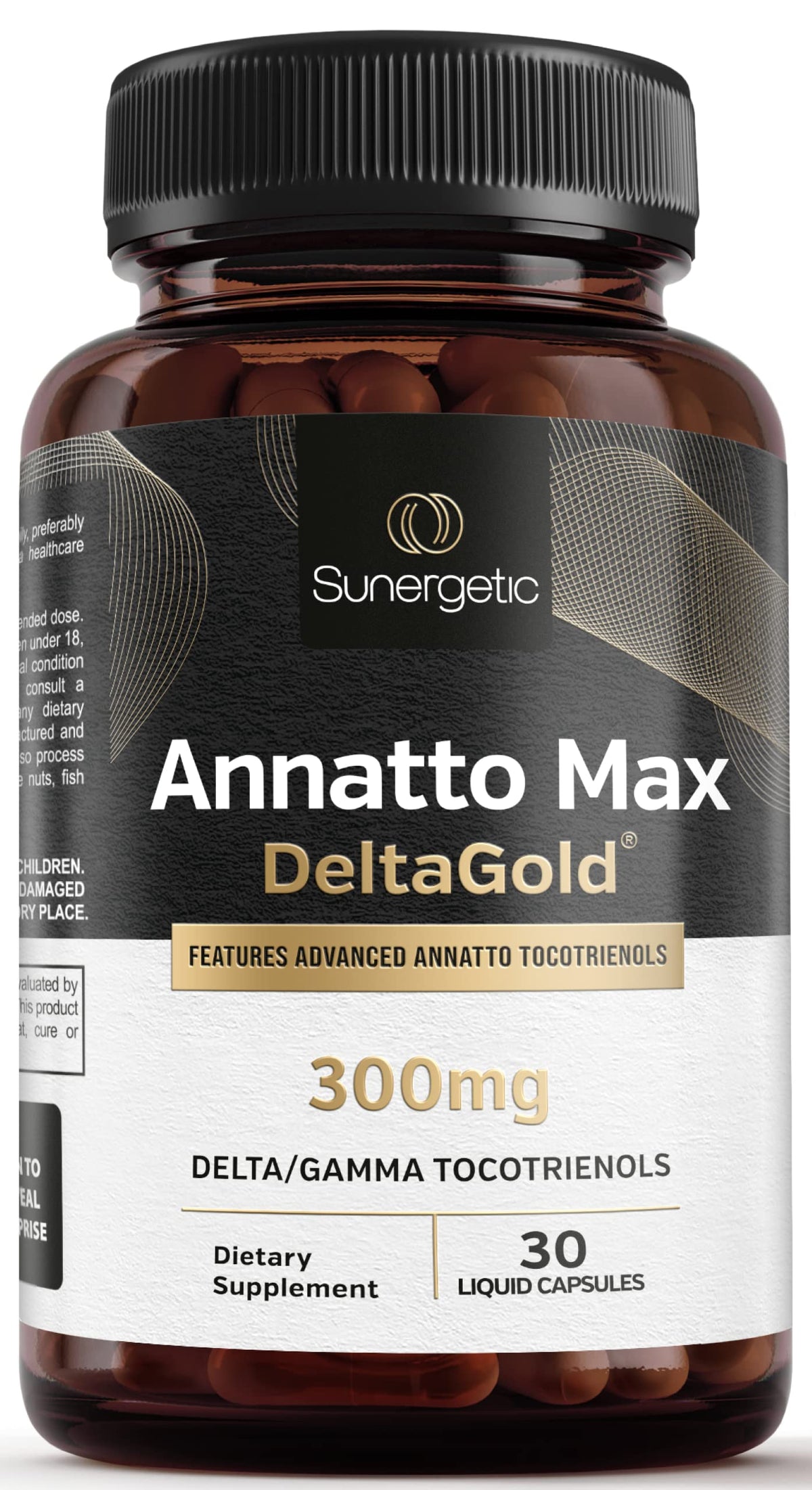 Sunergetic Premium Annatto Tocotrienols bottle shows DeltaGold formulation for antioxidant support