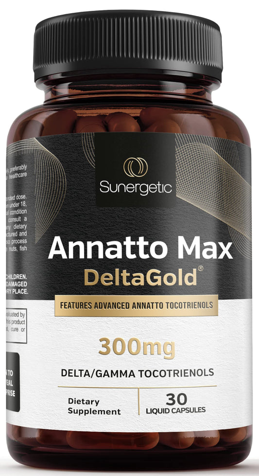 Sunergetic Premium Annatto Tocotrienols bottle shows DeltaGold formulation for antioxidant support