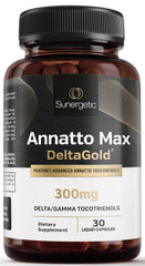 Sunergetic Premium Annatto Tocotrienols bottle shows DeltaGold formulation for antioxidant support