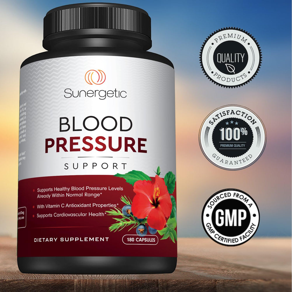 Sunergetic Premium Blood Pressure bottle with USA-made label highlighting GMP manufacturing.